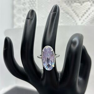 Gorgeous, solitaire, purple white silver tone, rhinestone ring 6
